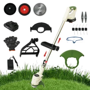 500W Cordless Grass Trimmer Handle 21V-D with Auxiliary Wheels 1500mAh Battery for Garden Lawn and Shrub Trimming