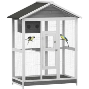 64.5" Wooden Bird Cage Aviary, Flight Cage with 4 Perches, Nest, Slide-Out Tray for Indoor/Outdoor Bird Use Solution