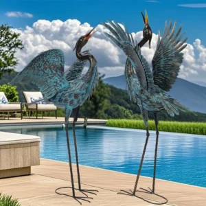 Garden Crane Sculptures & Statues, Blue Heron Decor Outdoor Large Bird Yard Art, Standing Metal Herons Lawn Ornaments